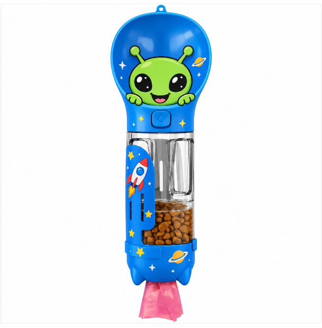 PupSip Treat and Waste-Bag Dispenser in blue with smiling alien design